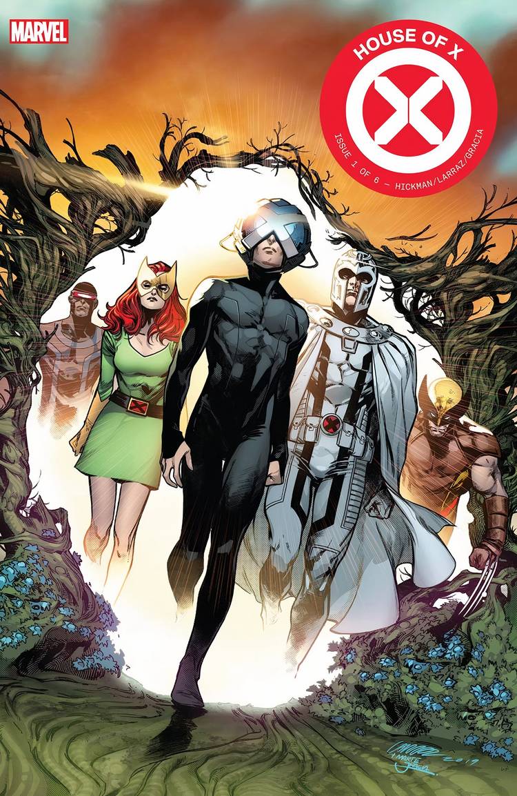 House of X #1 cover, Professor X leading Magneto, Jean Grey, Cyclops, & Wolverine through a Krakoan Gate.