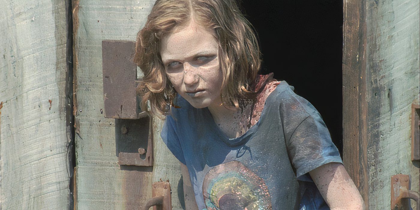 Sophia (Madison Lintz) stumbles out of the barn on The Walking Dead