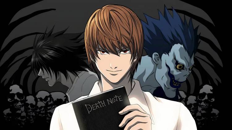 image of Death Note with Light Yagami in the forefront with Ryuk and L in the background