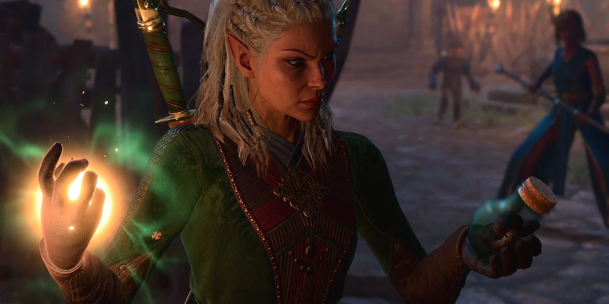 Jaheira holds a spell and an illithid tadpole in Baldur's Gate 3
