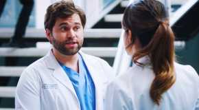 Jake Borelli as Levi Schmitt and Natalie Morales as Monica Beltran in Grey's Anatomy season 20, episode 6-1