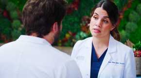 Jake Borelli as Levi Schmitt and Natalie Morales as Monica Beltran in Grey's Anatomy season 20 episode 6