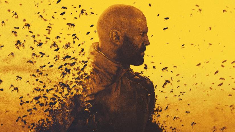 Jason Statham surrounded by bees in The Beekeeper poster