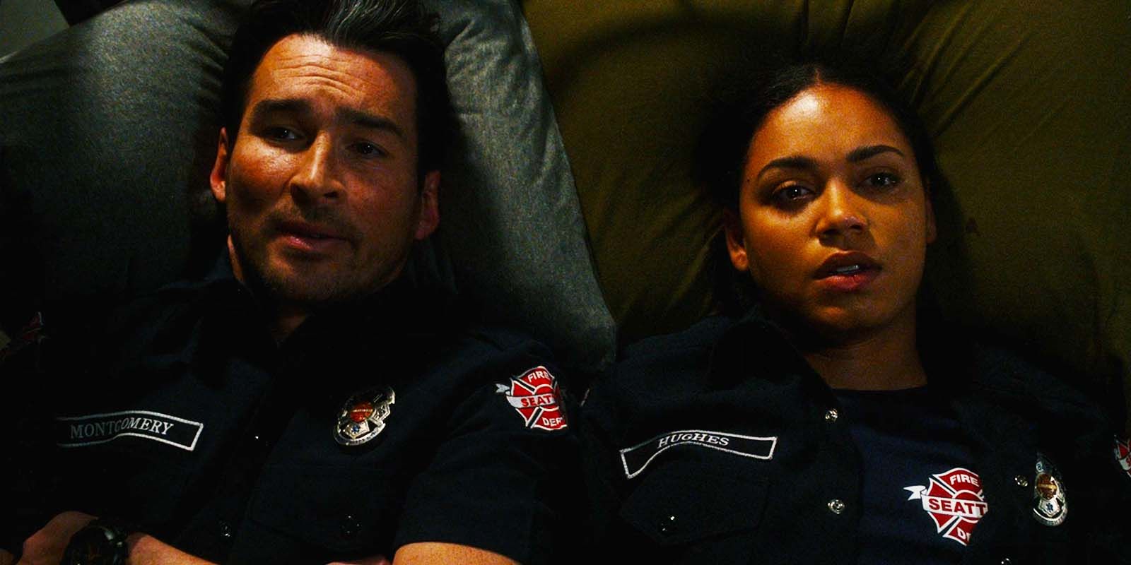 Jay Hayden as Travis Montgomery and Barrett Doss as Vic Hughes in Station 19 season 7, episode 6