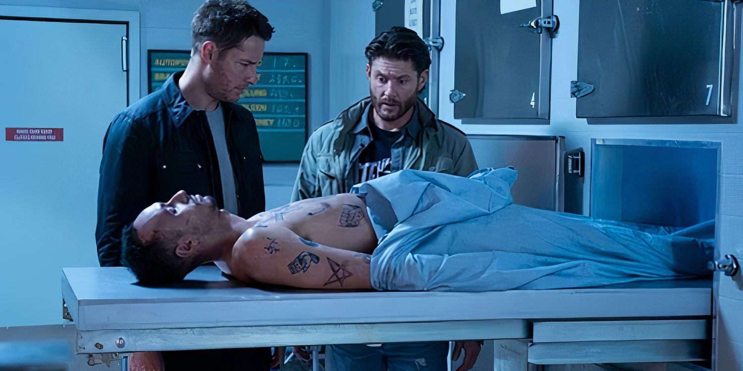 Jensen Ackles as Russell and Justin Hartley as Colter investigating a body in the morgue in Tracker