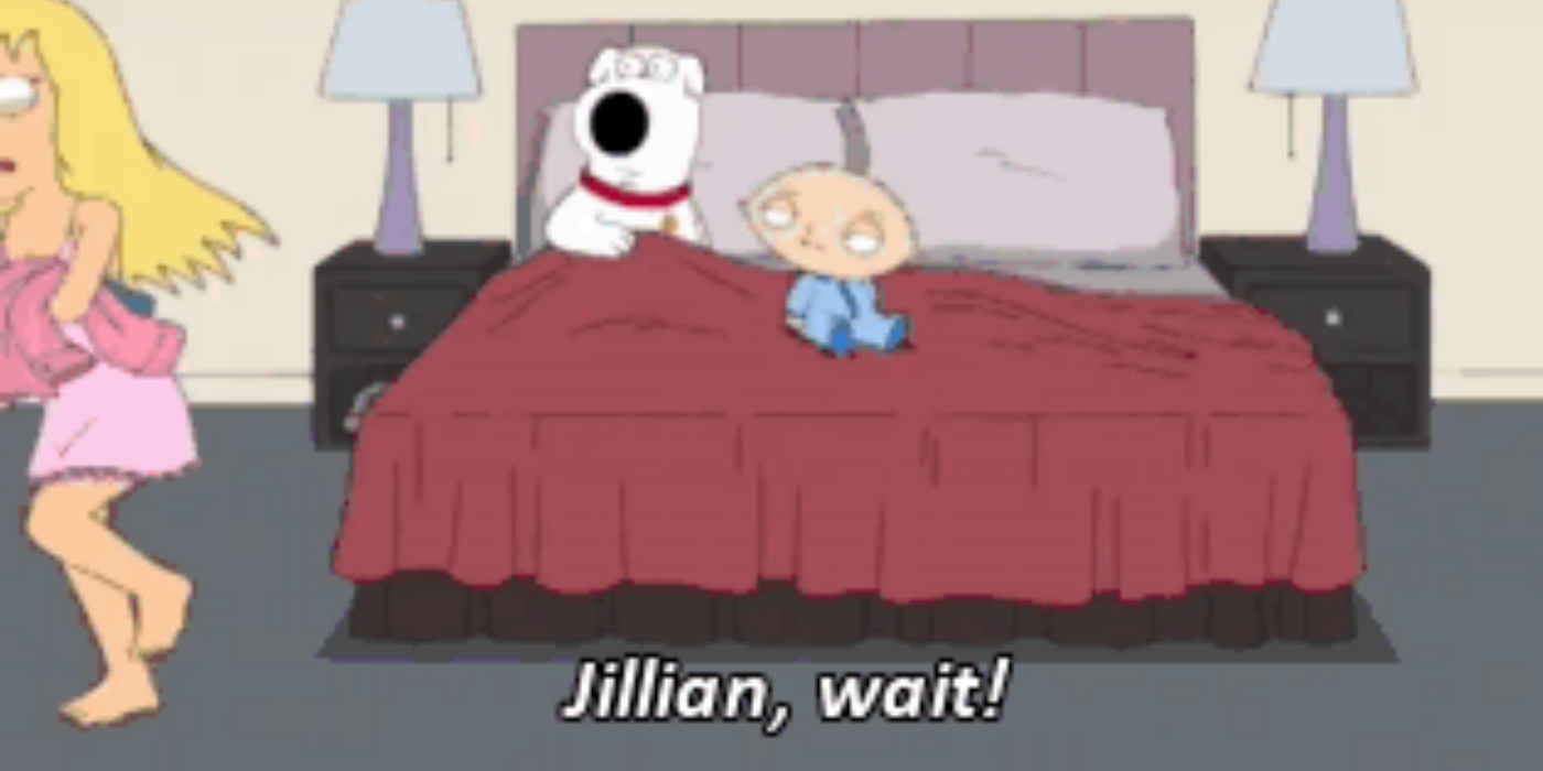 Jillian running away from bed with Brian and Stewie in Family Guy