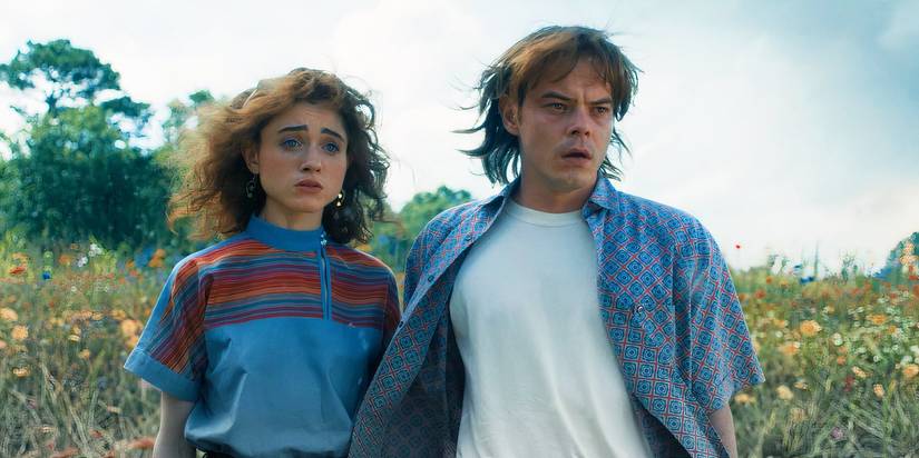 jonathan and nancy looking shocked in stranger things season 4