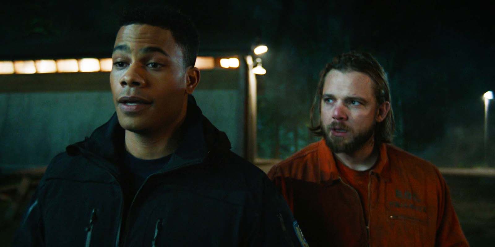 Jordan Calloway as Jake Crawford and Max Thieriot as Bode Leone in Fire Country season 2, episode 7
