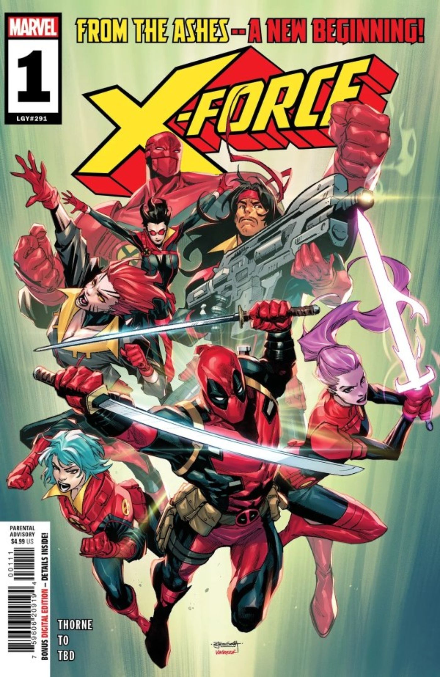 X-Force #1 main cover, featuring the new X-Force roster, including Deadpool, Forge and more.