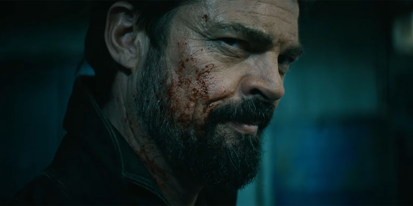 Karl Urban as Butcher smiling with blood on his face in The Boys season 4