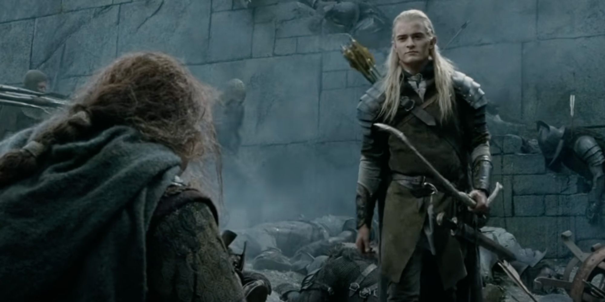 Legolas approaching Gimli in The Lord of the Rings: The Two Towers.