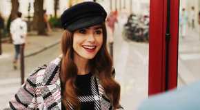 Lily Collins smiling in a scene from Emily in Paris season 3