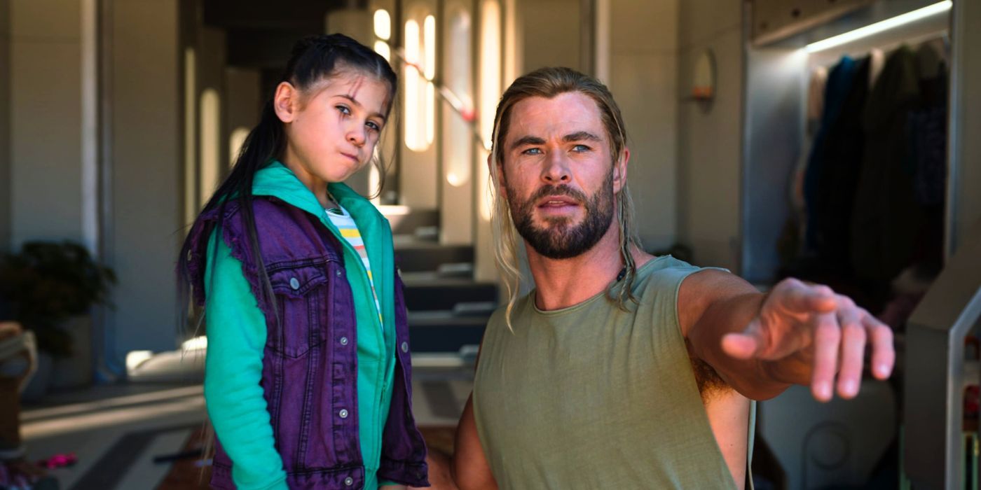 Love (India Rose Hemsworth) stands with Thor (Chris Hemsworth) in front of their house at the end of Thor Love and Thunder (2022)