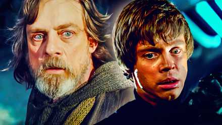 Luke Skywalker (Mark Hamill) as an older man in Star Wars: The Last Jedi and as a young man looking concerned in Return of the Jedi