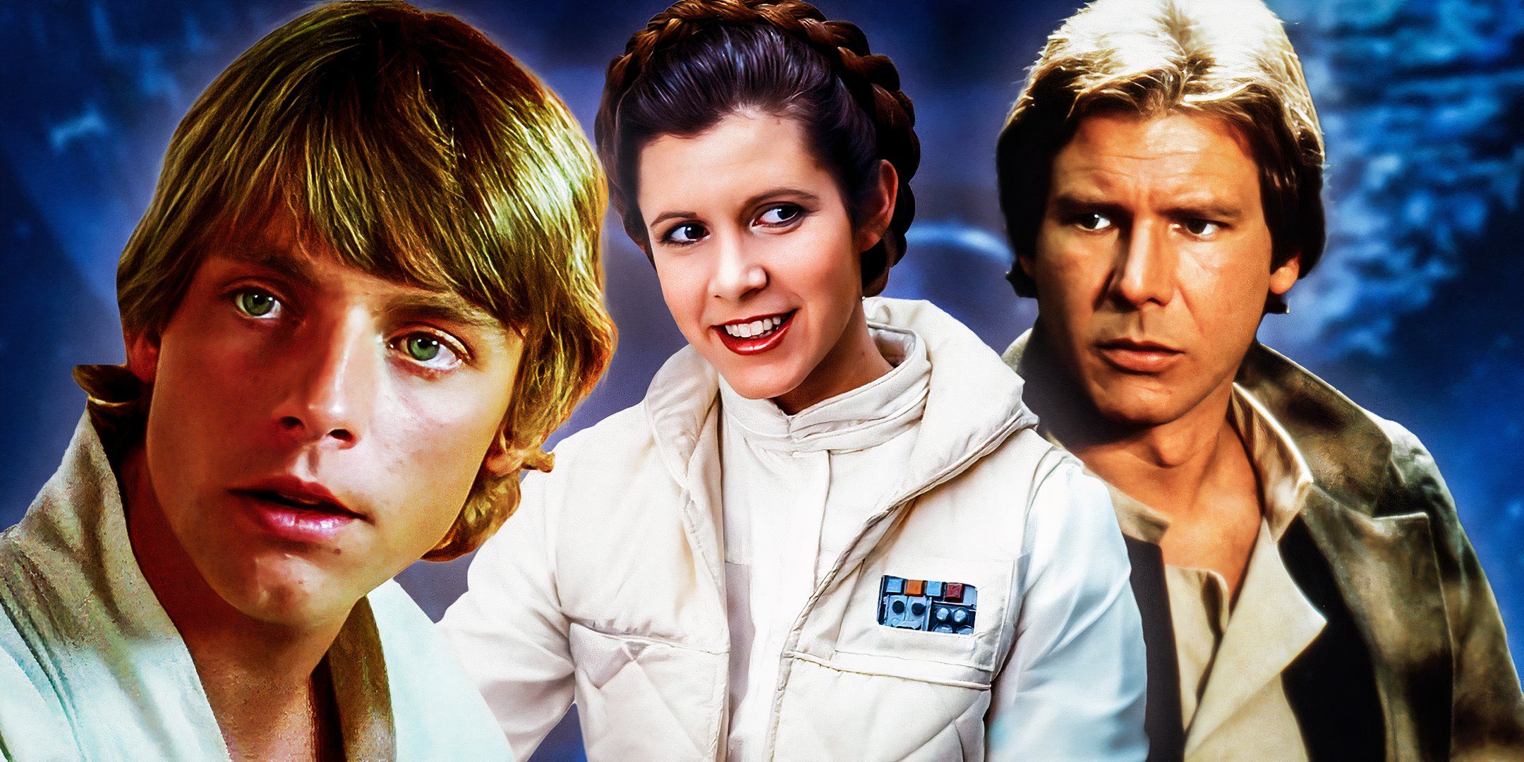 Luke Skywalker (Mark Hamill) en Una nueva esperanza, Leia Organa (Carrie Fisher) en El imperio contraataca y Han Solo (Harrison Ford) en El regreso del Jedi