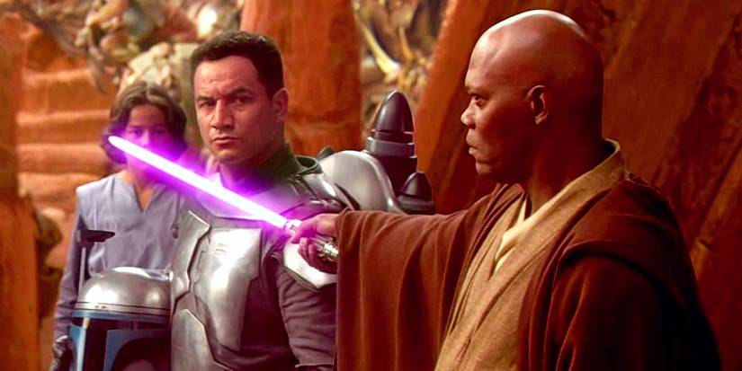 Mace Windu holds his purple lightsaber to Jango Fett's throat on Geonosis in Star Wars: Episode II – Attack of the Clones.