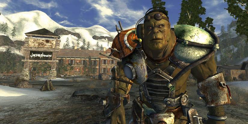 Marcus, o super mutante, fora de Jacobstown em Fallout New Vegas.