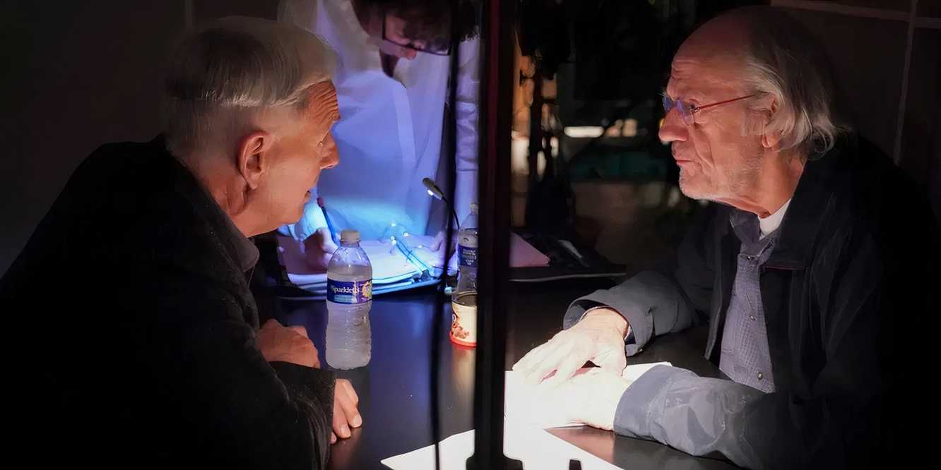 Mark Harmon as Gibbs speaking with Christopher Lloyd as Joseph Smith in NCIS The Arizona