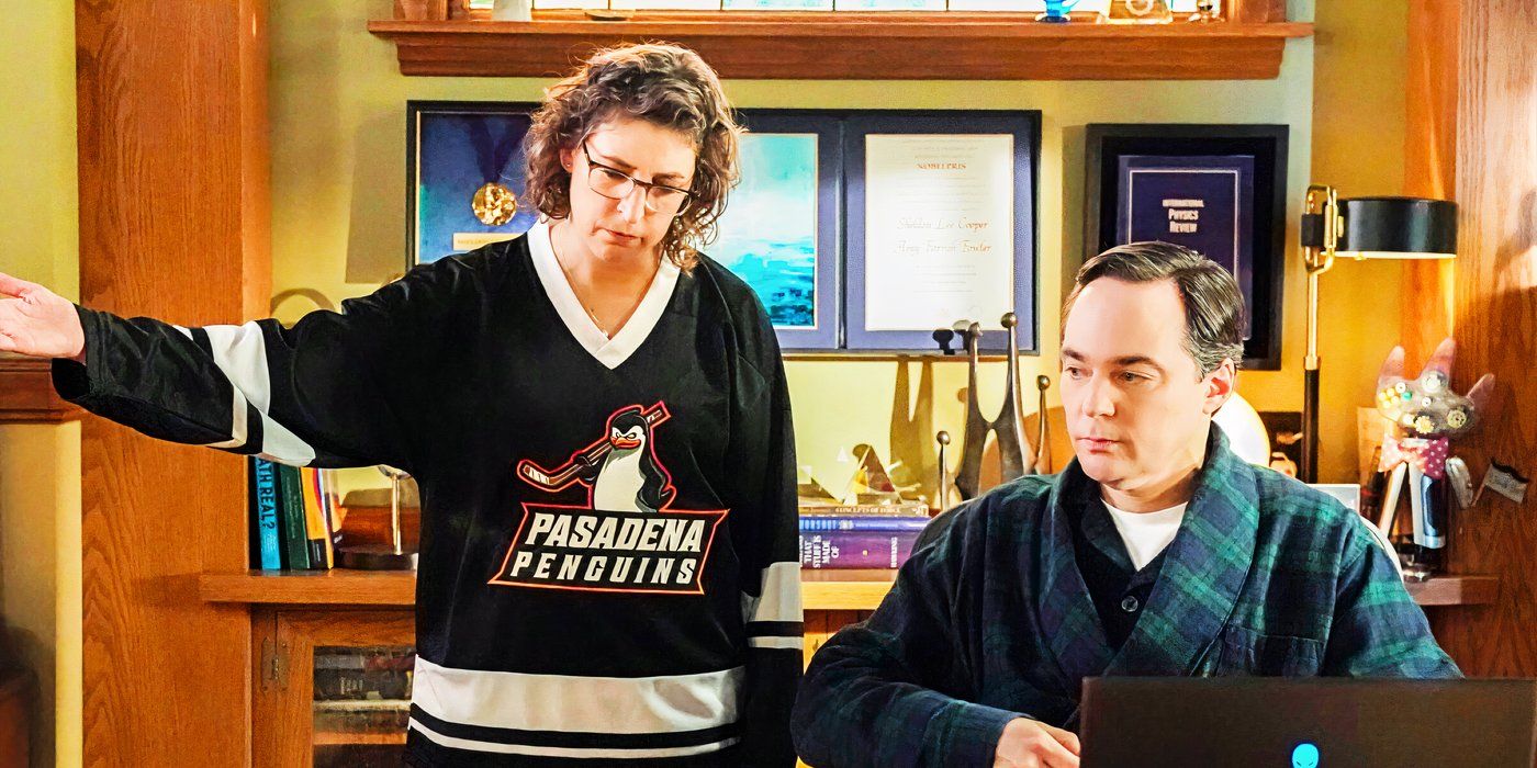 Mayim Bialik as Amy Farrah Fowler and Jim Parsons as Sheldon Cooper in Young Sheldon finale