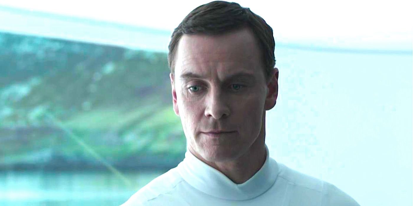 Michael Fassbender's David stares down at someone off camera in Prometheus