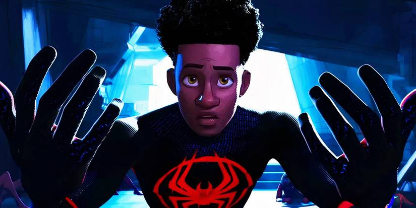 Miles Morales holding up his hands as he is about to be chased in Spider-Man Across the Spider-Verse