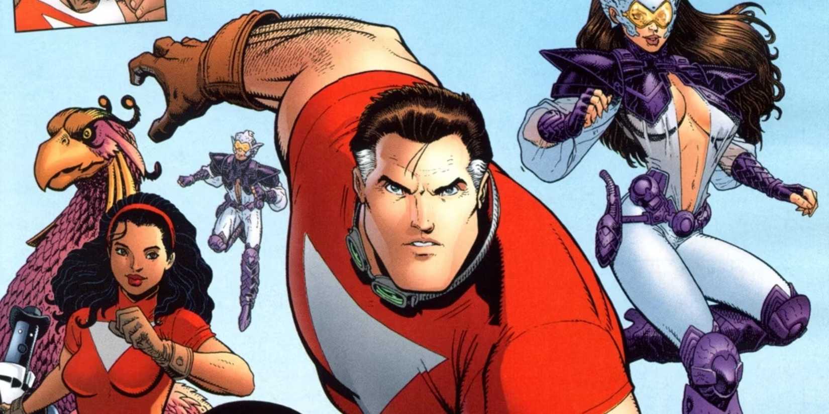 Tom Strong (front and center) leads his superhero family in flight.