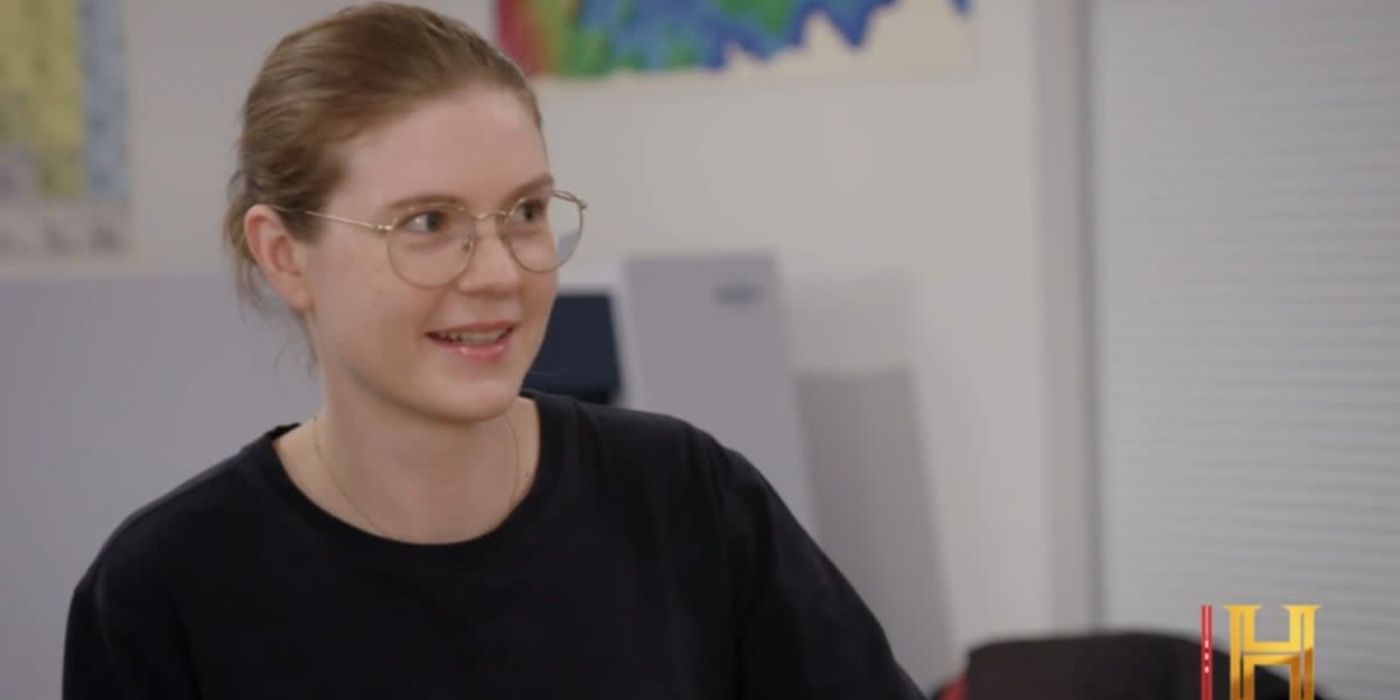 Emma Culligan giving an interview in The Curse of Oak Island