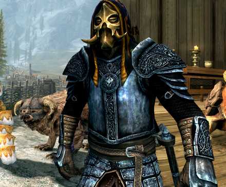 Персонаж с модифицированной фигурой и кроликом на заднем плане из Skyrim