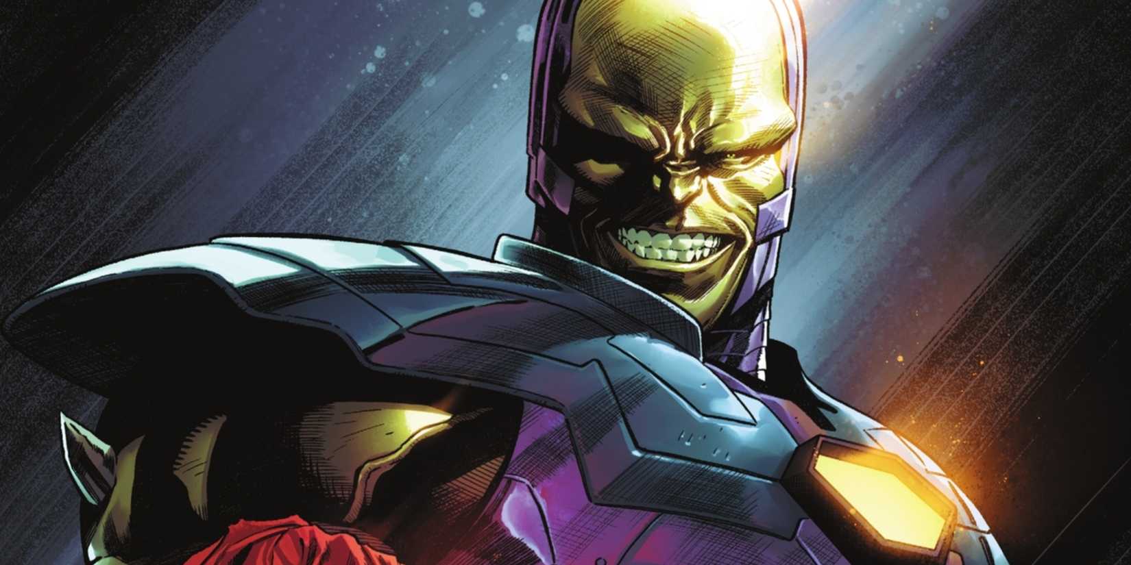 Comic book art: Mongul Grins and Looks at Superman's Cape in his hand.