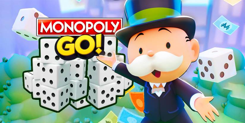 Monopoly GO keyart with Mr. Monopoly, game title, and a pile of free dice received from different links
