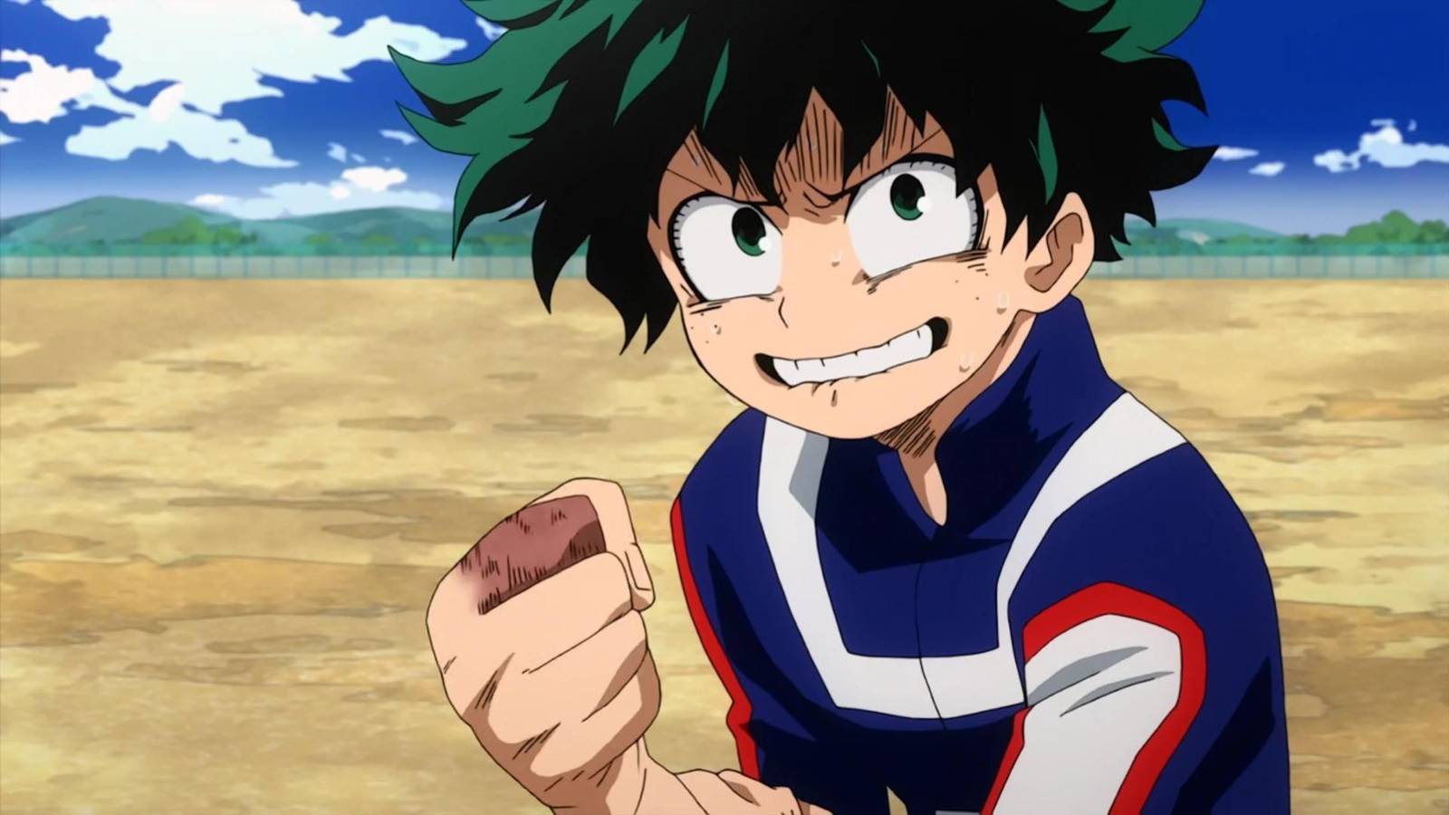 Izuku Midoriya gripping his wrists while trying to endure the pain