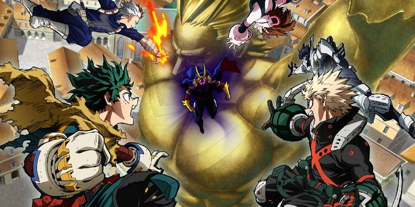  You're Next Deku, Bakugo, and Class 1-A faces off against Dark Might over a gold statue of All Might.