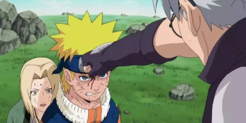 Kabuto punches Naruto in the forehead, with Tsunade shocked behind the young ninja.
