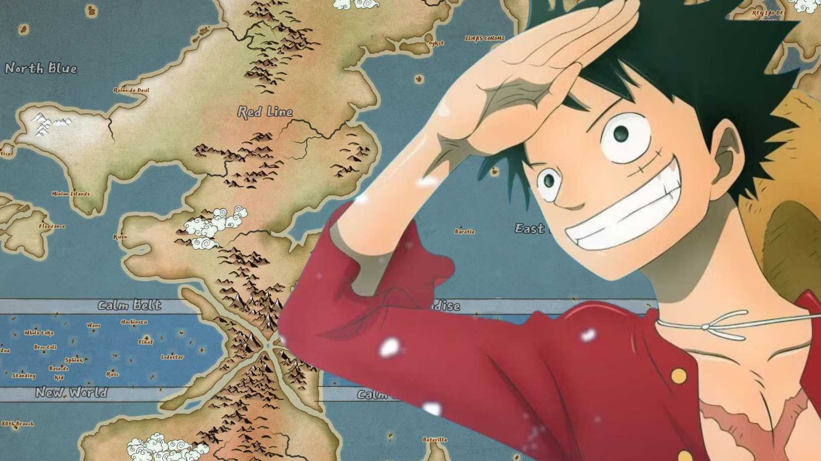 Luffy avec une image de fond de la carte du monde One Piece.