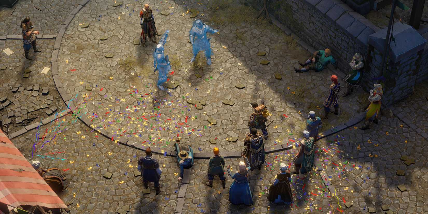 Zwei Spektralritter im Zentrum der Zuschauer einer Stadt im DLC „A Dance of Masks“ für Pathfinder: Wrath of the Righteous.