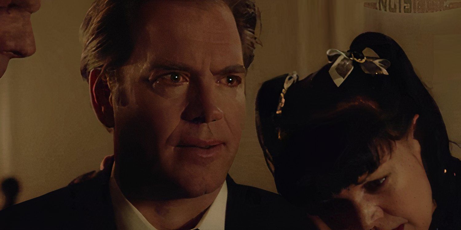 Pauley Perrette as Abby Sciuto leaning on the shoulder of Michael Weatherly as Tony DiNozzo in NCIS