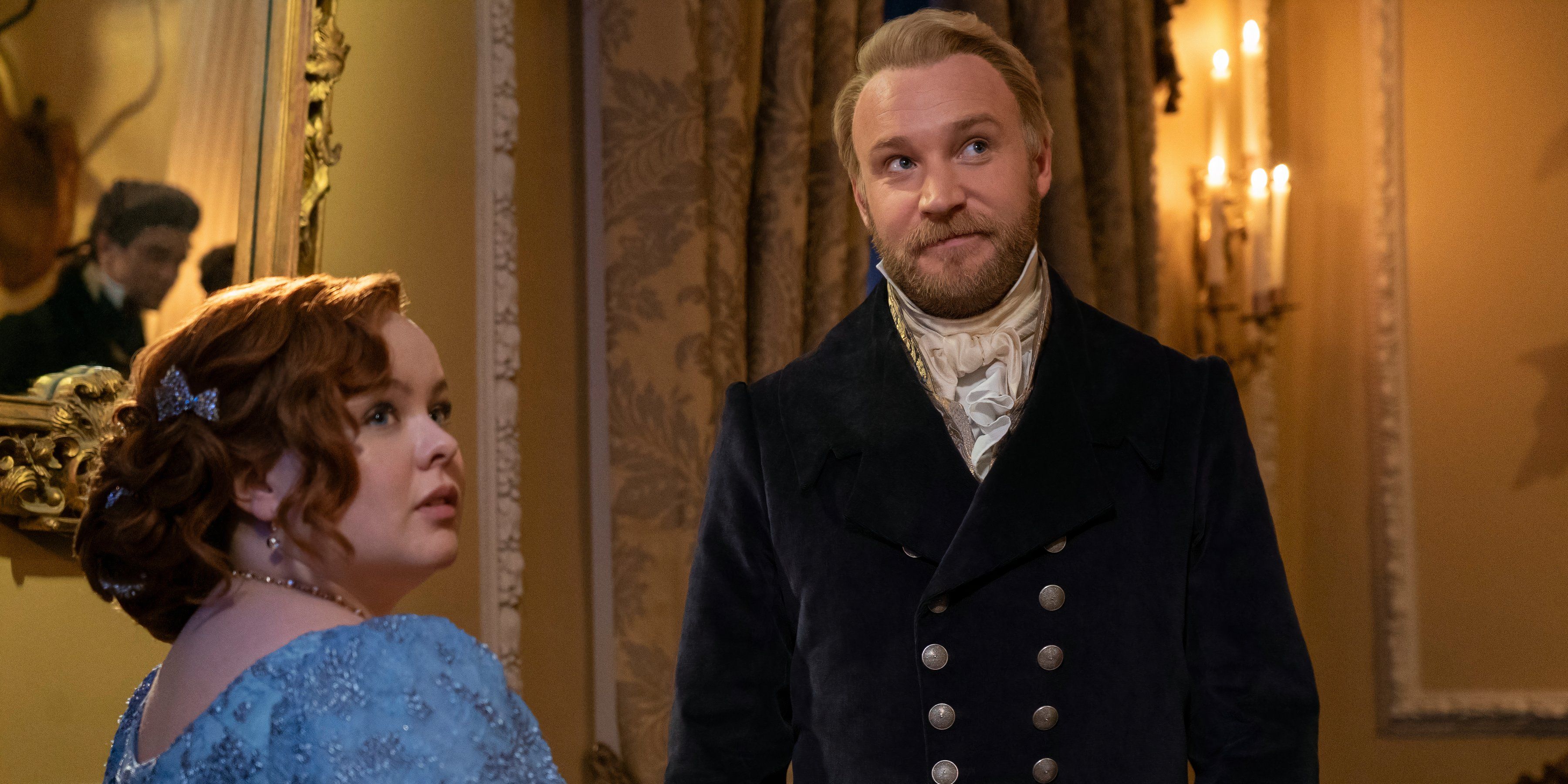 Penelope stands with Lord Debling in Bridgerton season 3 still