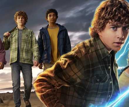 Композитное изображение Перси и Гровера, которые триумфально смотрят на Перси, Гровера и Анабель, идущих по бесплодной равнине в Percy Jackson
