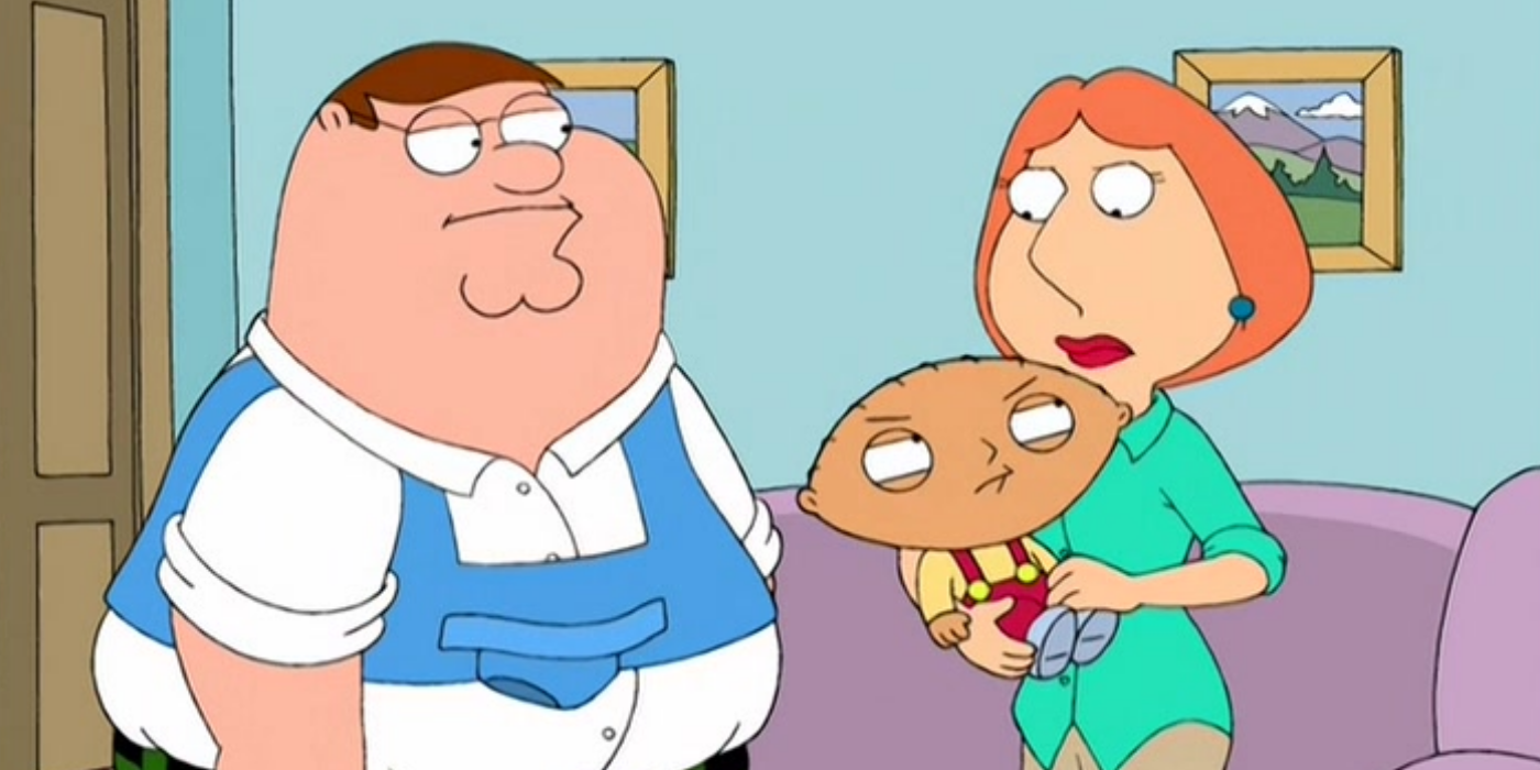 Peter Griffin looks at Lois whoe is holding Stwie in family Guy
