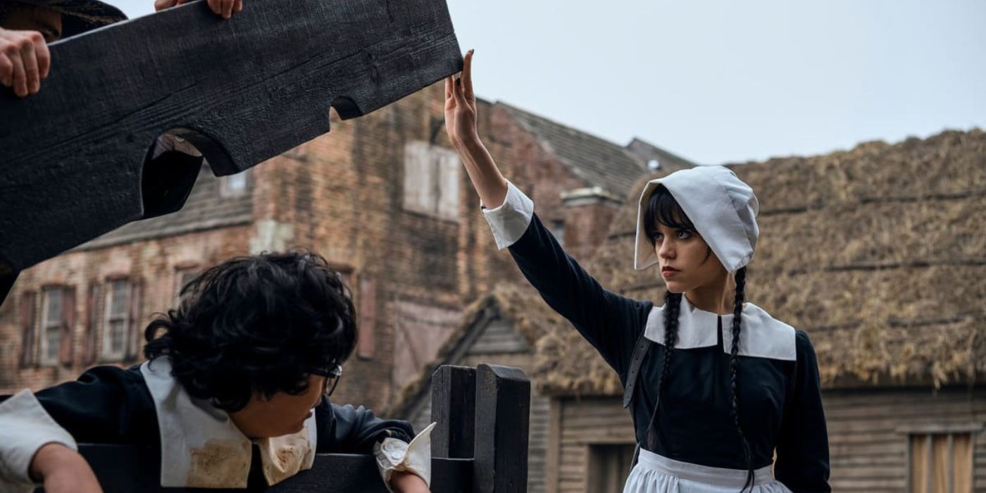 Wednesday wearing a Pilgrim outfit as she messes with students in Netflix show