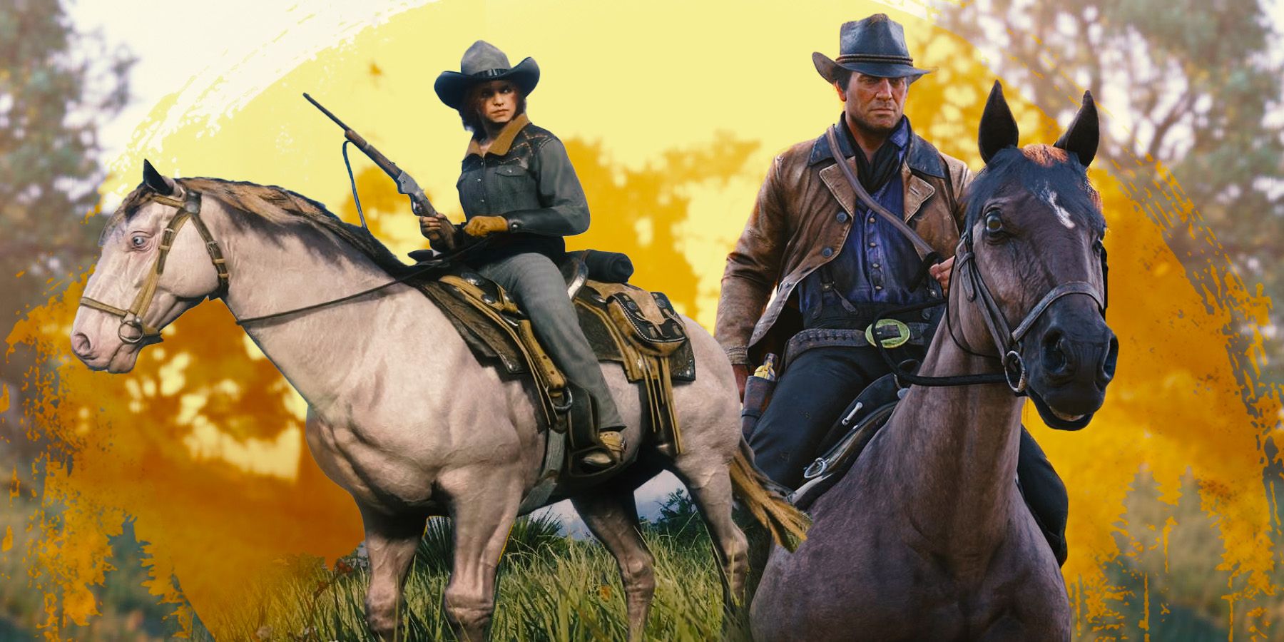 Red Dead Redemption 2 player characters on a horse steed through a saddle