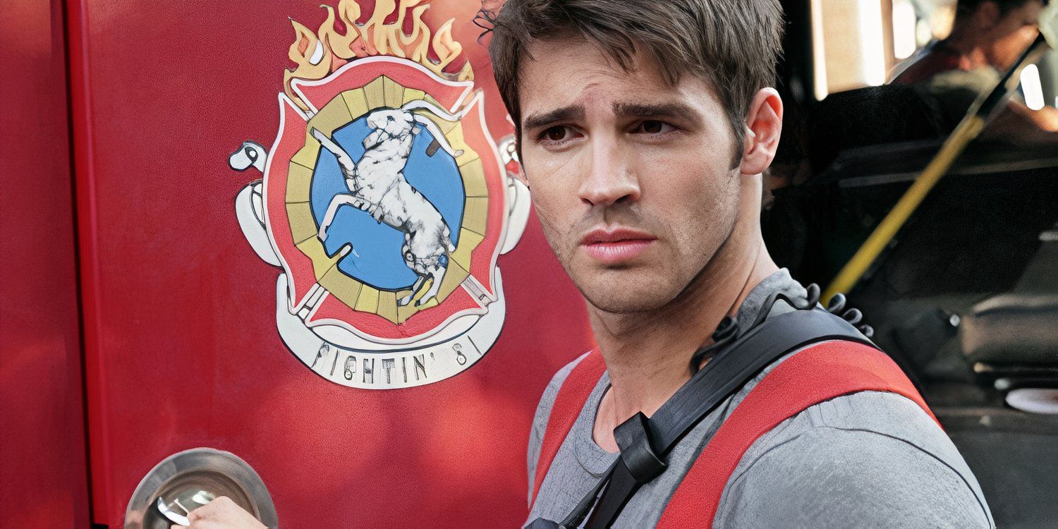 Profile shot of Steven R. McQueen as Jimmy Borelli standing near a fire truck in Chicago Fire