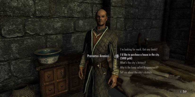 Skyrim Player Speaking To Proventus Avenicci In Jarl's Quarters To Buy Breezehome