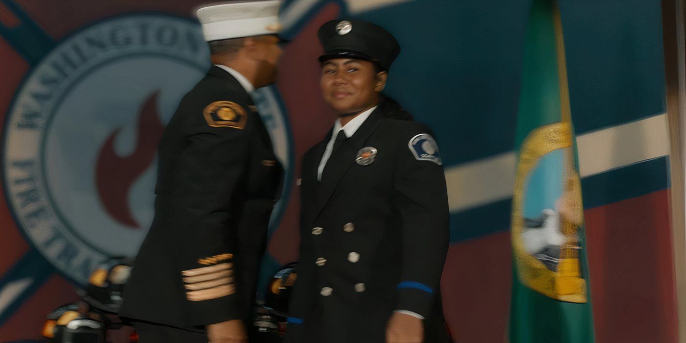 Pru Miller-Warren at the Fire Training Academy graduation in the Station 19 finale