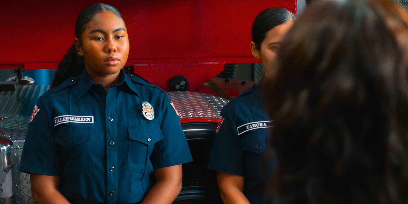 Pru Miller-Warren looking serious while being addressed by Fire Chief Herrera in the Station 19 finale