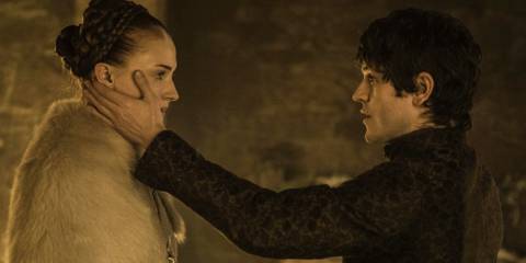Ramsay Bolton (Iwan Rheon) touching Sansa Stark's (Sophie Turner) face in Game of Thrones season 5 episode 6