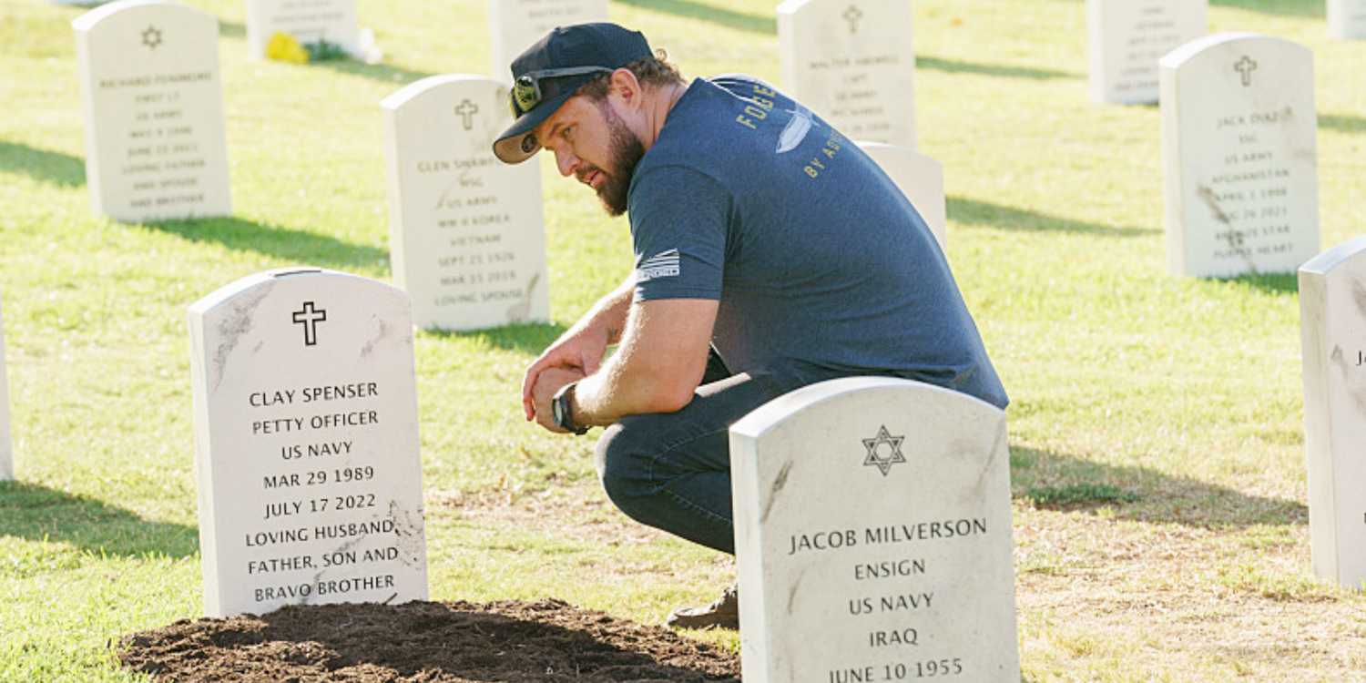 Sonny (AJ Buckley) at Clay's (Max Thieriot) grave on SEAL Team Season 6 Episode 10
