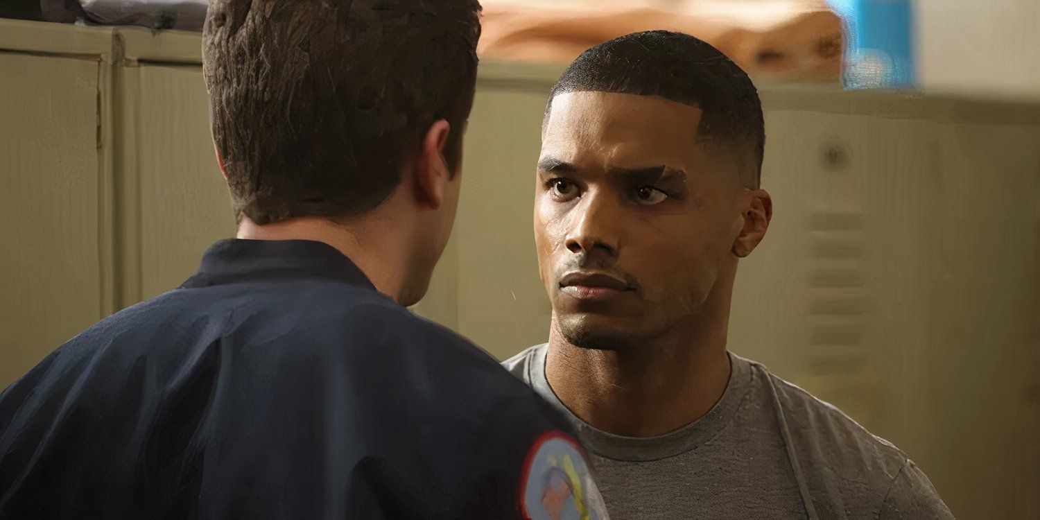 Rome Flynn in an intense conversation as Derrick Gibson Chicago Fire