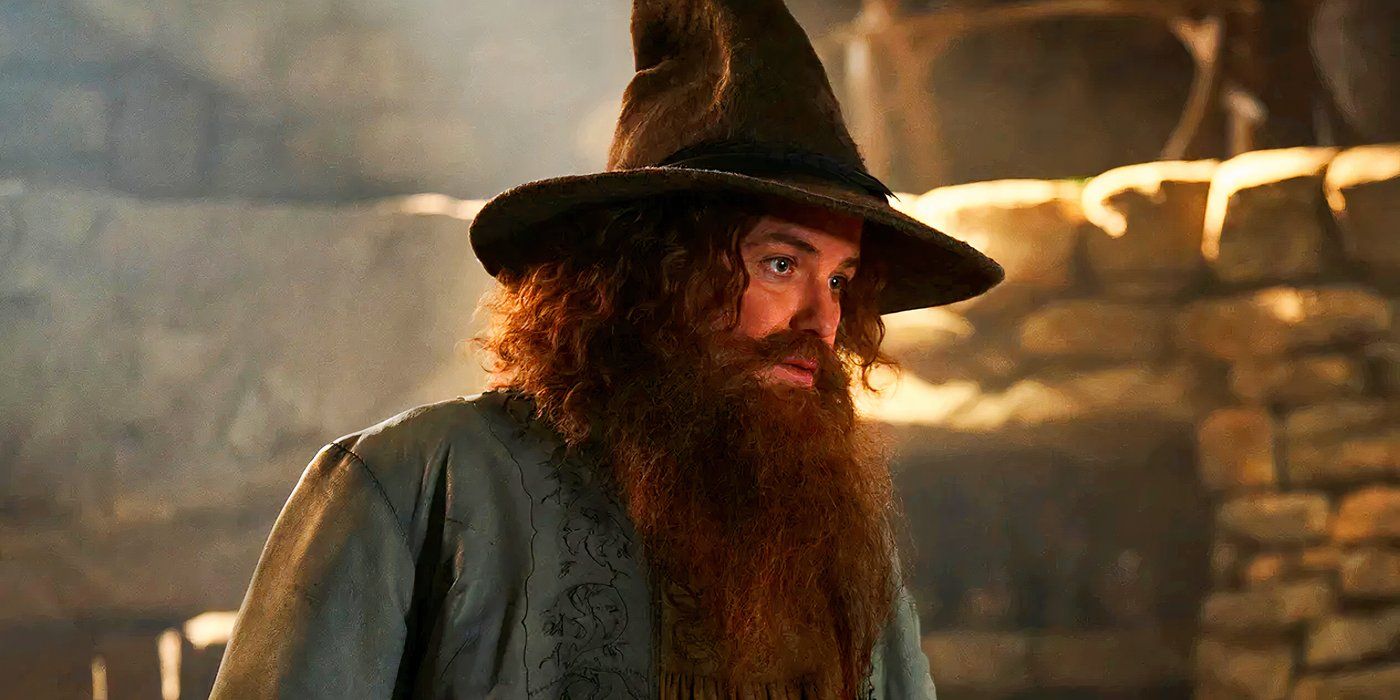 Rory Kinnear as Tom Bombadil Wearing a Pointed Hat in The Lord of the Rings: The Rings of Power.