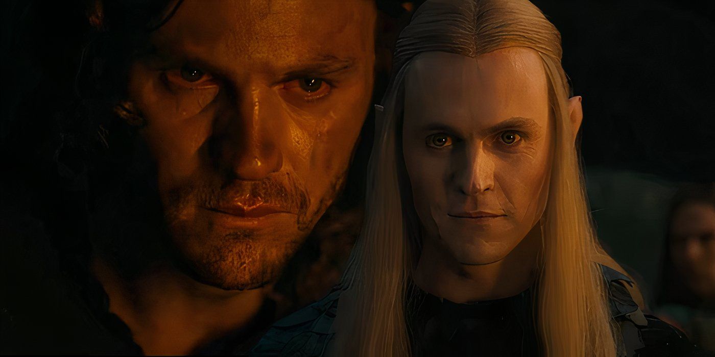 Sauron disguised as Halbrand looking upset next to Sauron disguised as Annatar looking confident in The Lord of the Rings The Rings of Power season 2.